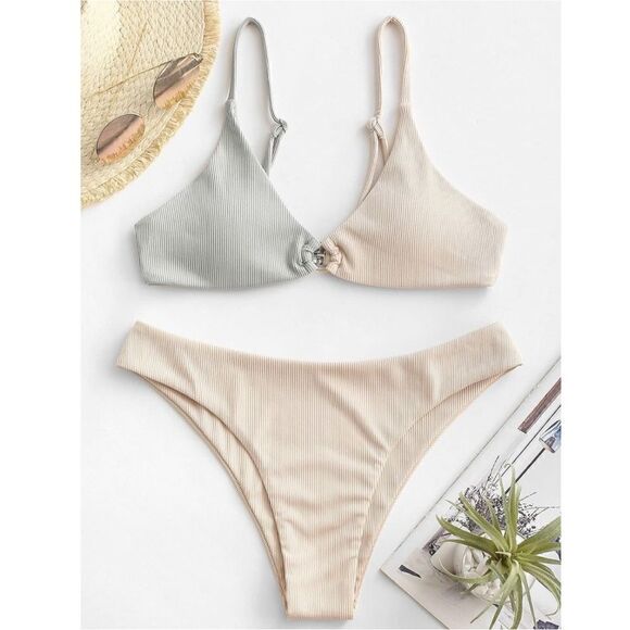 Two Tone Ribbed O-Ring Bikini Bathing Suit - Picture 5 of 5